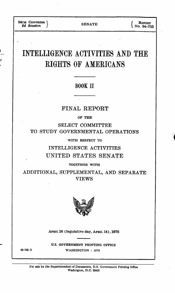 Title page of the Church Committee final report, Book II, Intelligence Activities and the Rights of Americans, 1976