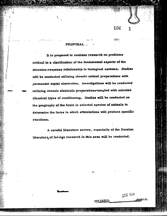 Typed one-page MKULTRA research proposal with a paper clip at the top and a RELEASED stamp at the bottom