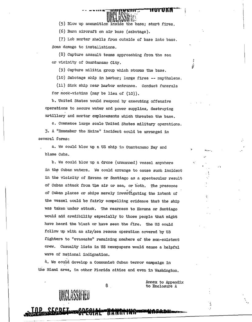 Typed page from the Northwoods annex listing numbered pretext operations against Cuba